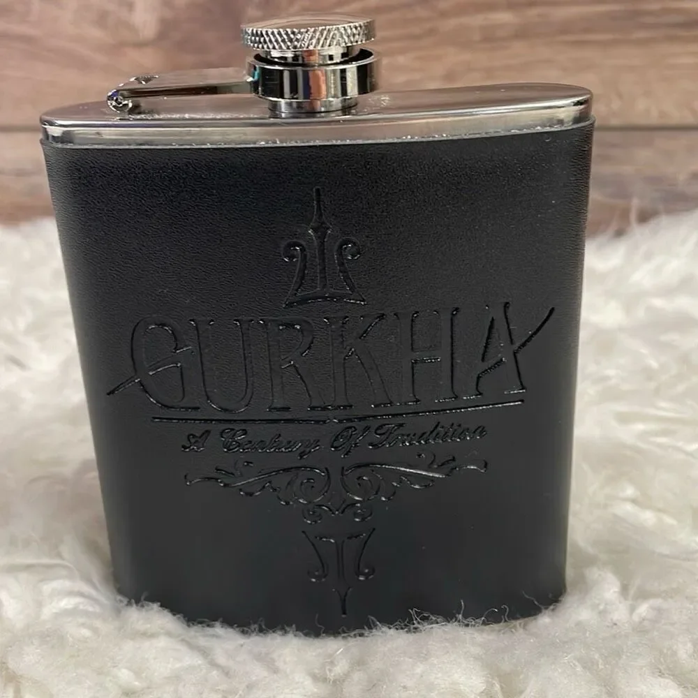 GURKHA SILVER HIP FLASK COVERED IN BLACK EMBOSSED LEATHER SLEEVE 4 1/2” Tall